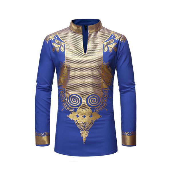 Men S Luxurious Stand Collar Shirts Long Sleeve Bronzing Printed Shirt Pullover