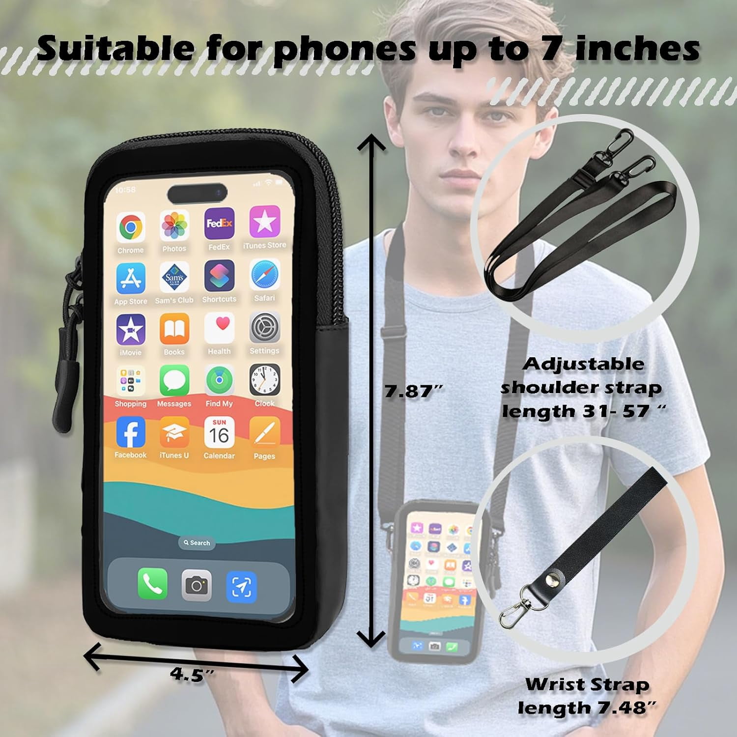 Cell Phone Sleeve Pouch Case Bag with Adjustable Crossbody Strap and Wrist Strap, Touchscreen-Friendly Clear Cell Phone Purse Bag with Carabiner for Men Women (Clear Black- A)