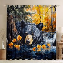 Homewish Animal Bear Black Out Curtains for Female Men Adults,Black Orange Brown Curtains Pack of 2 (42x63 Each),Jungle Woodland Wildlife Bedroom Curtains,Lightweight Room Decor