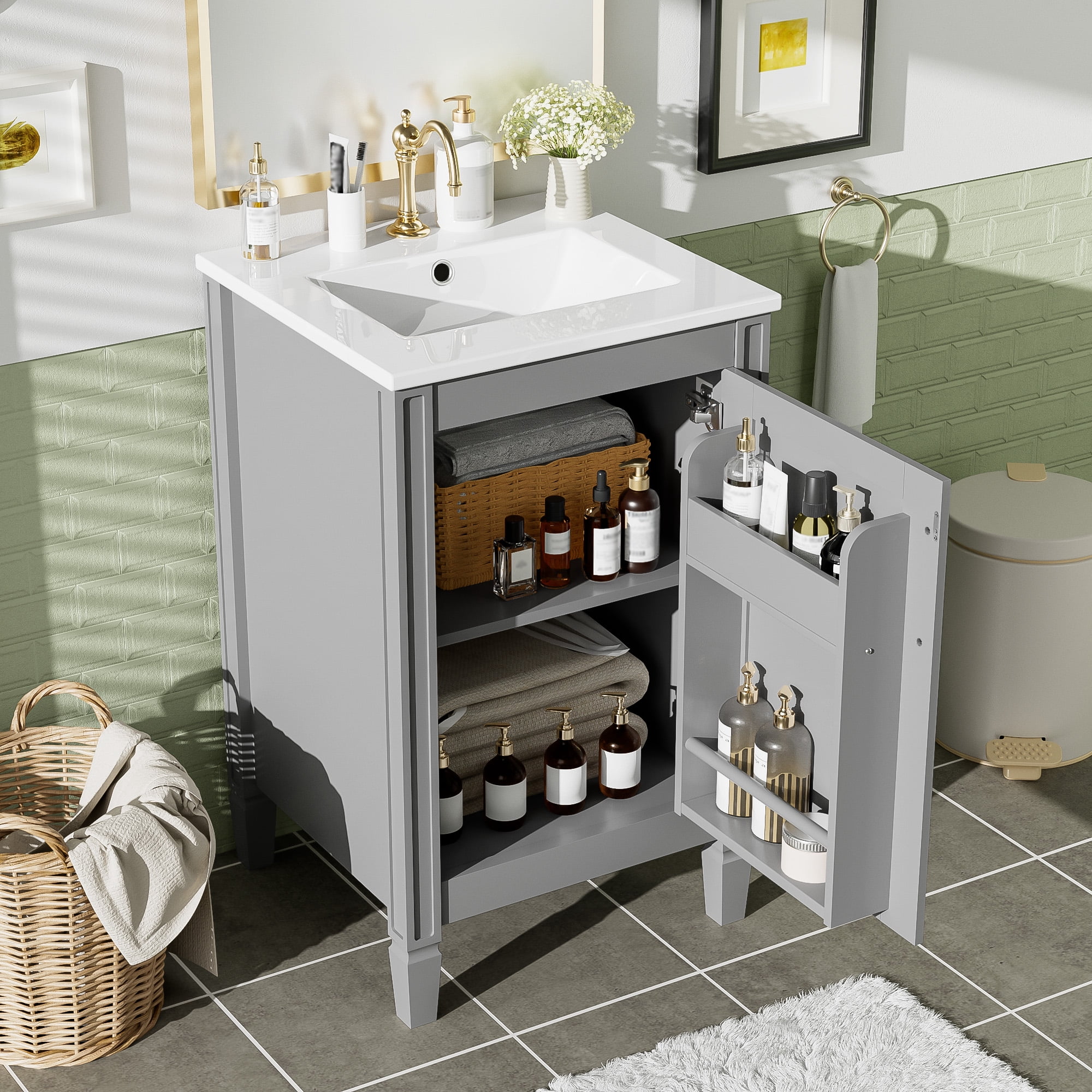 Euroco 20" Gray Bathroom Vanity with Ceramic Sink, Soft Close Door, Adjustable U-Shaped Shelf, Door Storage Rack, Modern Freestanding Cabinet for Small Bathrooms