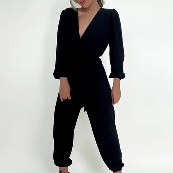 Vedolay Jumpsuits For Women Dressy Women'Elegant Jumpsuits V Neck Long Sleeve Straight Long Pants Sparkly Roompers,Black XXL