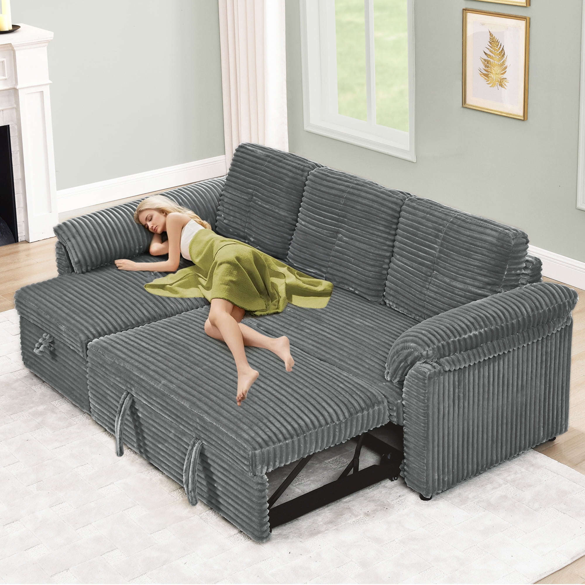Dinosisco Convertible Sofa Bed with Storage Chaise, Corduroy Sectional Sleeper Sofa Couch for Living Room, Gray