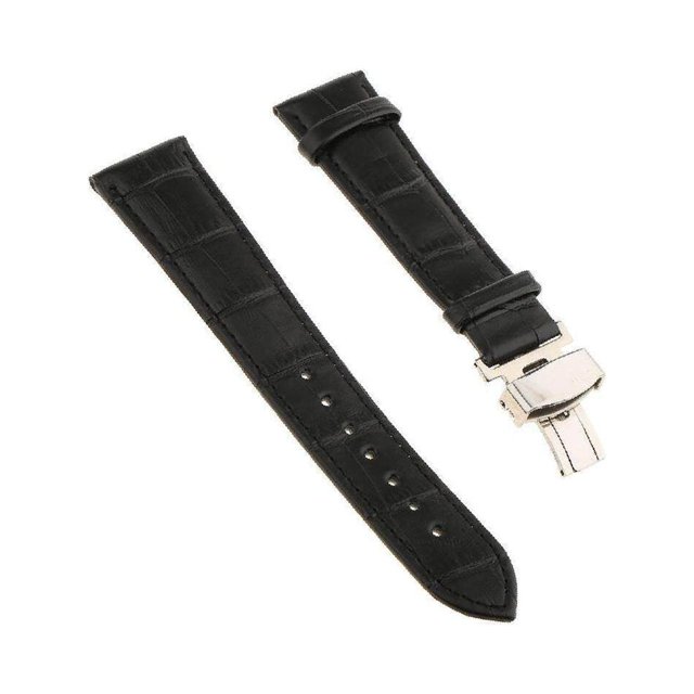 facefd Leather Watch Band Butterfly Deployment Clasp Buckle Black 22mm