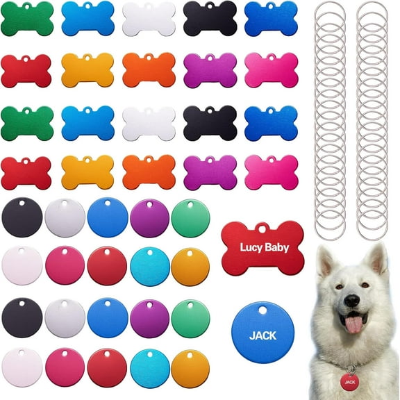 40Pcs Colorful Blank Dog ID Tags Stamping Blank Aluminum Personalized Engraved Discs Pet Pendants Flat Round Bone Shape Pet ID Tags Pendants for DIY Cats Puppy Dogs Pets Name Craft