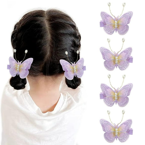 Hair Clips 4 Pieces for Children Butterfly Hair Accessories for Kids No Slip Duck Bill Bow for Teens Shiny Pearl Hairpin-Purple
