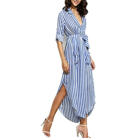 Striped Belted Shirt Dress - Women Adjustable Long Sleeve V-neck Striped Belted Shirt Dress