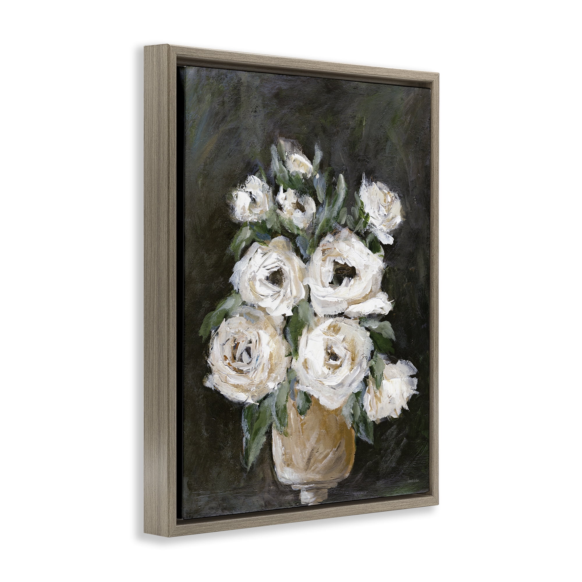 Stupell Industries Roses on Black Still Life Plants & Flowers Painting Brown Floater Framed Canvas Art Print Wall Art, 25 x 31