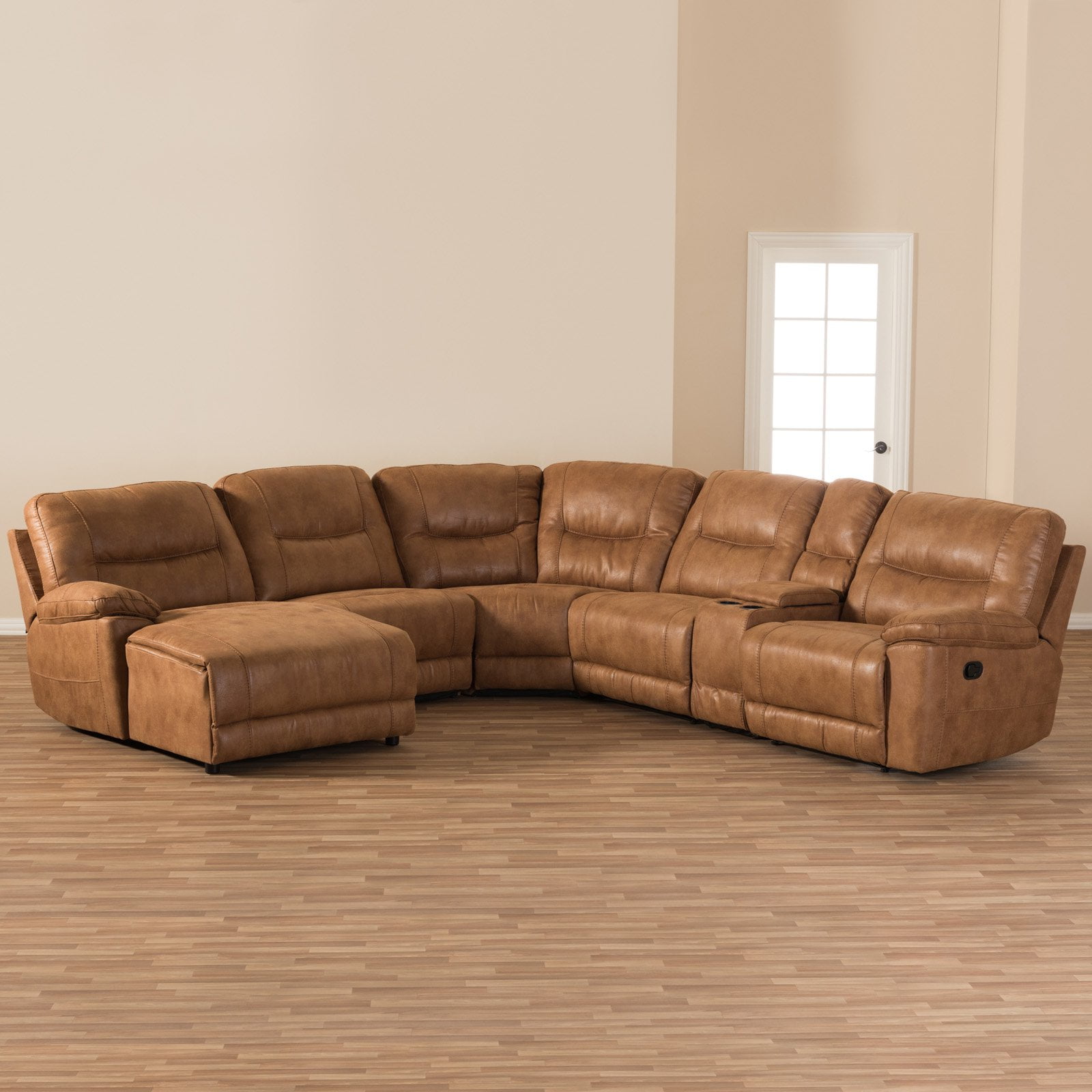 Baxton Studio Mistral Modern and Contemporary Light Brown Palomino Suede 6-Piece Sectional with Recliners Corner Lounge Suite