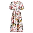 thumbnail image 4 of Midi Robes pour les Femmes d'Été Décontracté Boho Imprimé Floral Col Rond Manches Courtes Genou Longueur Robe Froncée avec Poches, 4 of 5