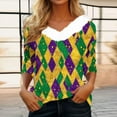 thumbnail image 1 of UPPADA Femmes T-Shirts à Manches 3/4 Mardi Gras Yall T-Shirts à Imprimé Floral Col Ras du Cou Blouse à devant Plissé Hauts d'Été Décontractés Chandail à Enfiler Haut Mode Fête Défilé Hauts Femmes Hauts à Manches 3/4 Économie, 1 of 1