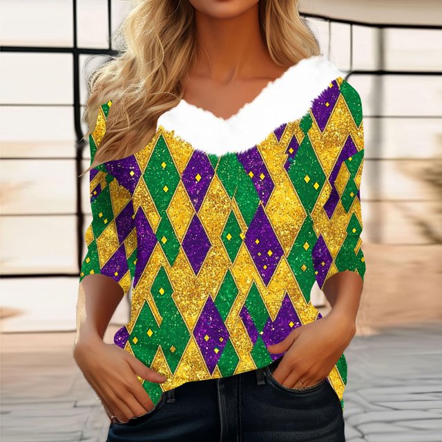 UPPADA Femmes T-Shirts à Manches 3/4 Mardi Gras Yall T-Shirts à Imprimé Floral Col Ras du Cou Blouse à devant Plissé Hauts d'Été Décontractés Chandail à Enfiler Haut Mode Fête Défilé Hauts Femmes Hauts à Manches 3/4 Économie