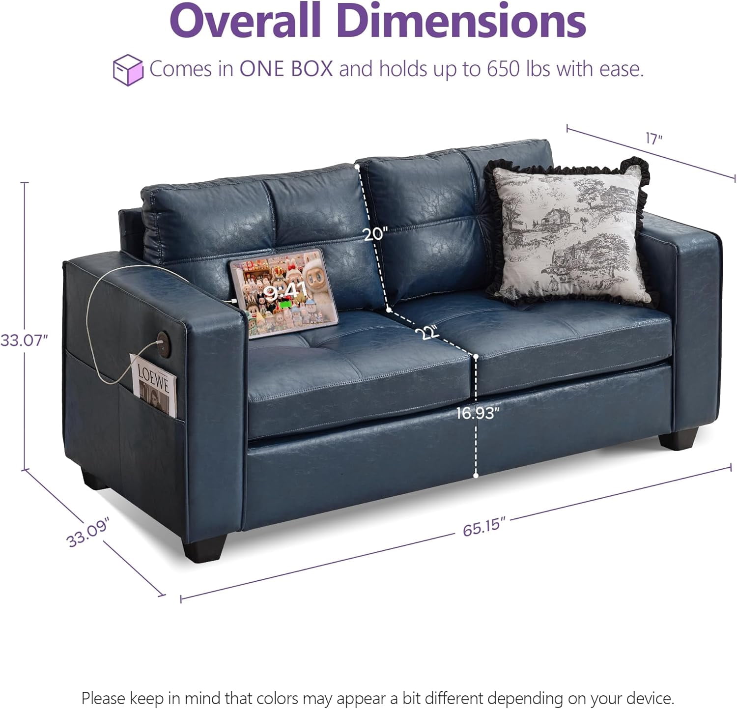 LAZZO 65" Loveseat Sofa with USB Charging Ports, 2-Seat Faux Leather Couch for Living Room & Office, Blue