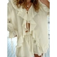 thumbnail image 3 of Two Piece Sets for Women Long Sleeve Peplum Lace Trim Chiffon Shirt Wide Leg Short Pants Vacation Travel Outfits Beige M, 3 of 8