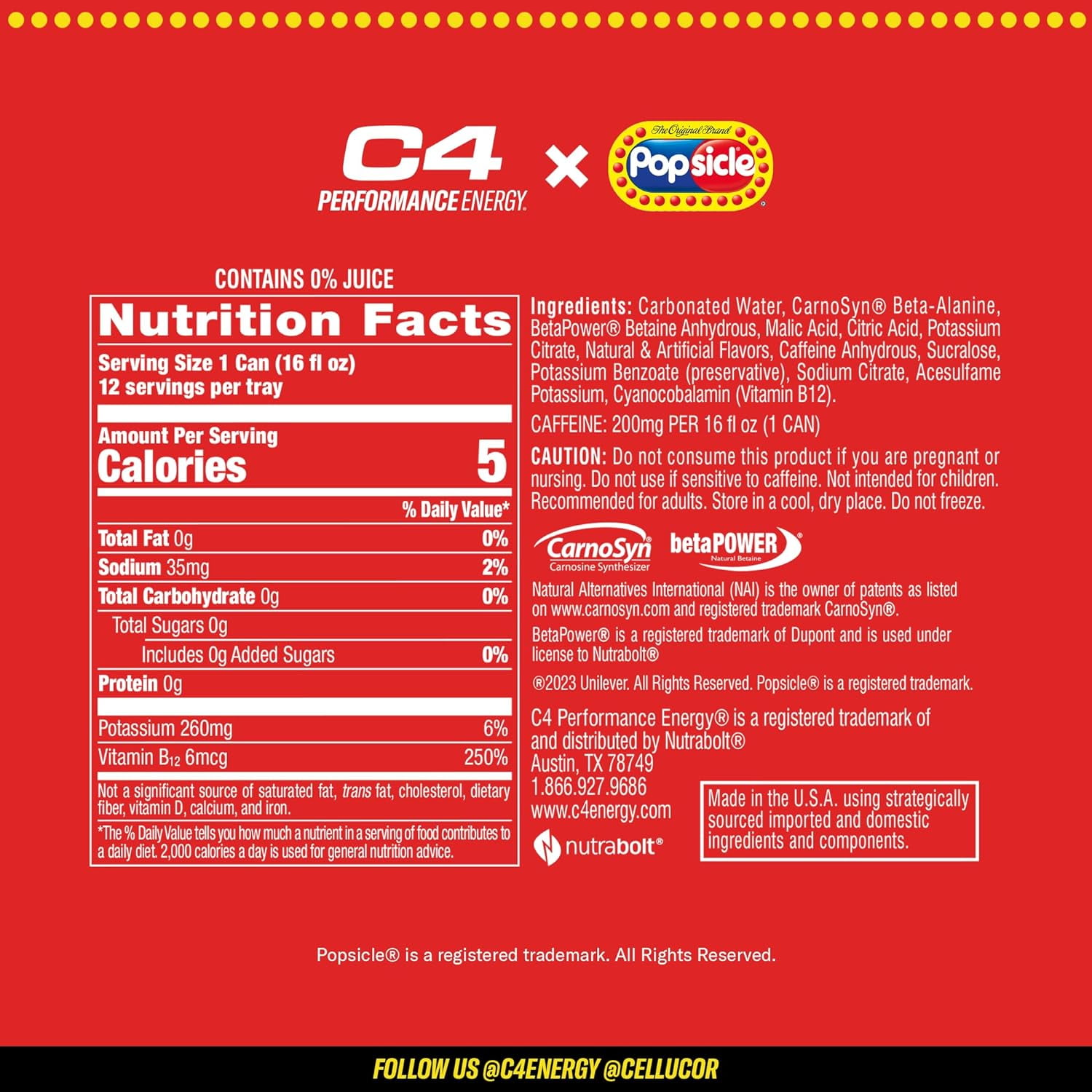 C4 Performance Energy Drink, Popsicle Variety Pack Flavor, Zero Sugar, Carbonated, 16 fl oz Can, 12 Pack