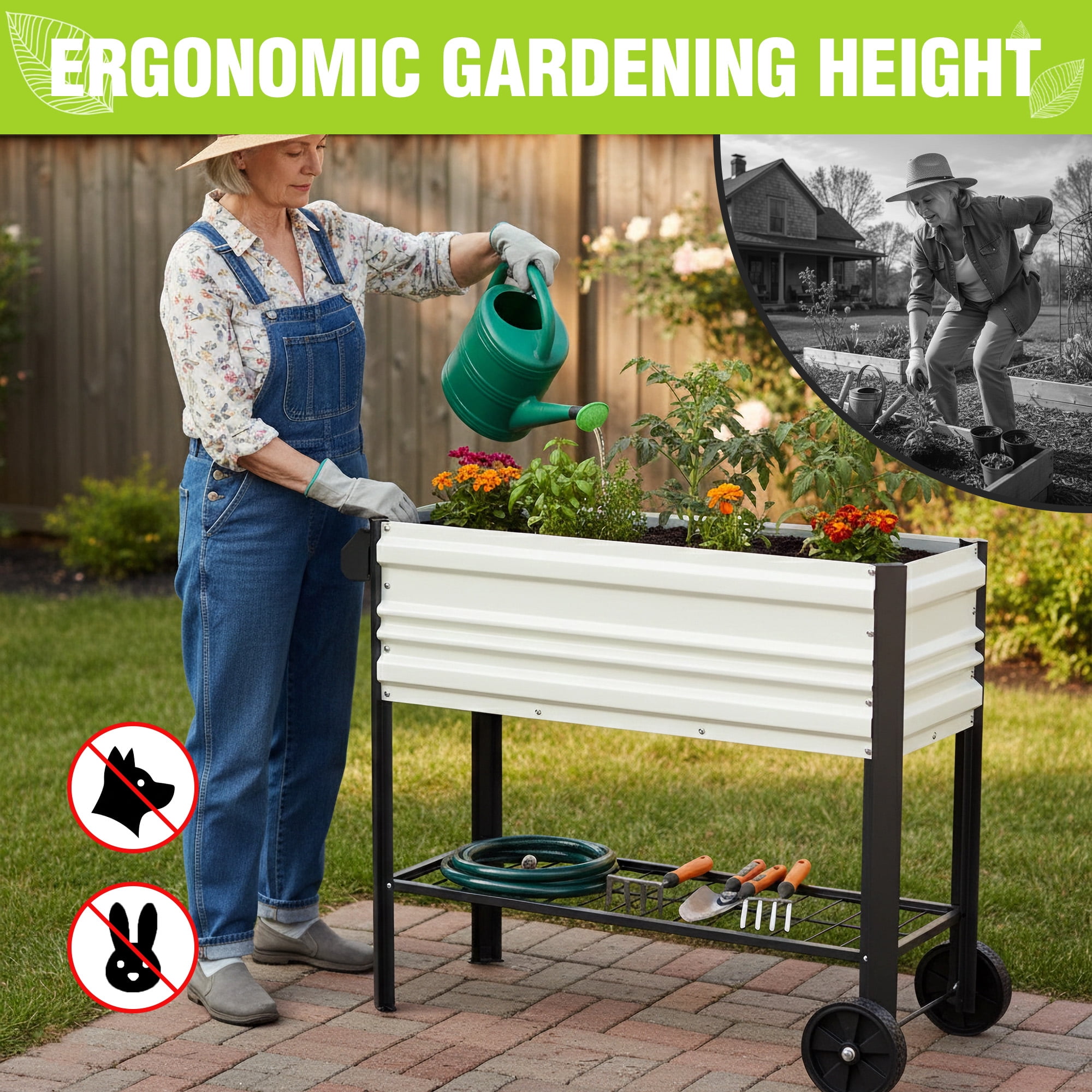 WORKPRO 37in Outdoor Galvanized Raised Garden Bed with Legs and Wheels -White