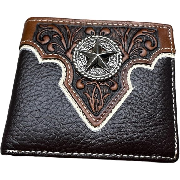 Western Stakes Mens Wallet Floral Tooled Lone Star Concho Embossed Cowboy Western Leather Wallet High End Leather Mens Wallets Leather Rodeo Gifts For Men (Coffee)