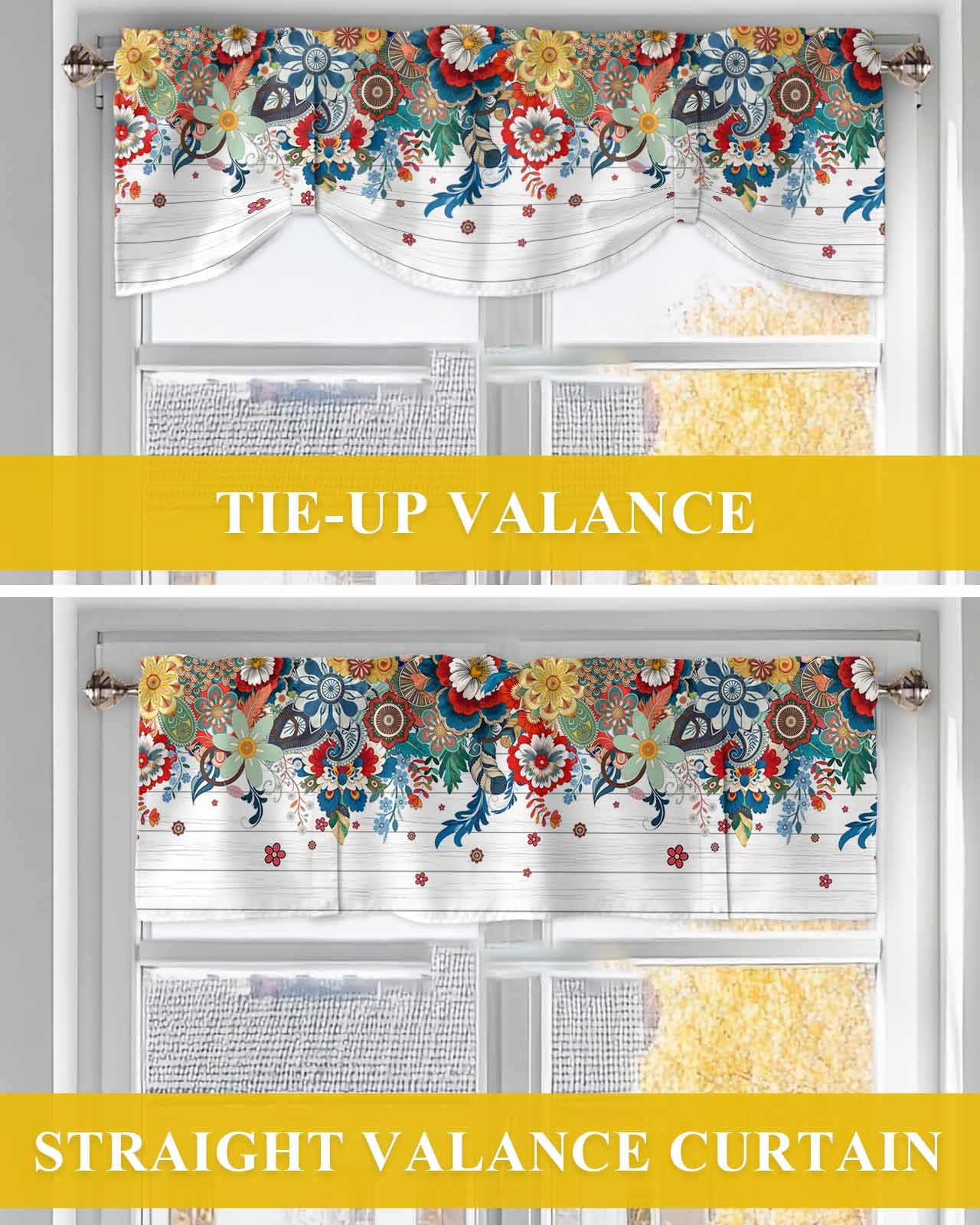 Boho Floral Tie Up Valances Curtain, Adjustable Kitchen Abstract Bohemian Bloom Flower Colorful Plant Wood Valances for Windows Decor, Rod Pocket Short Curtains Set for Bedroom/Bathroom, 54"x18"