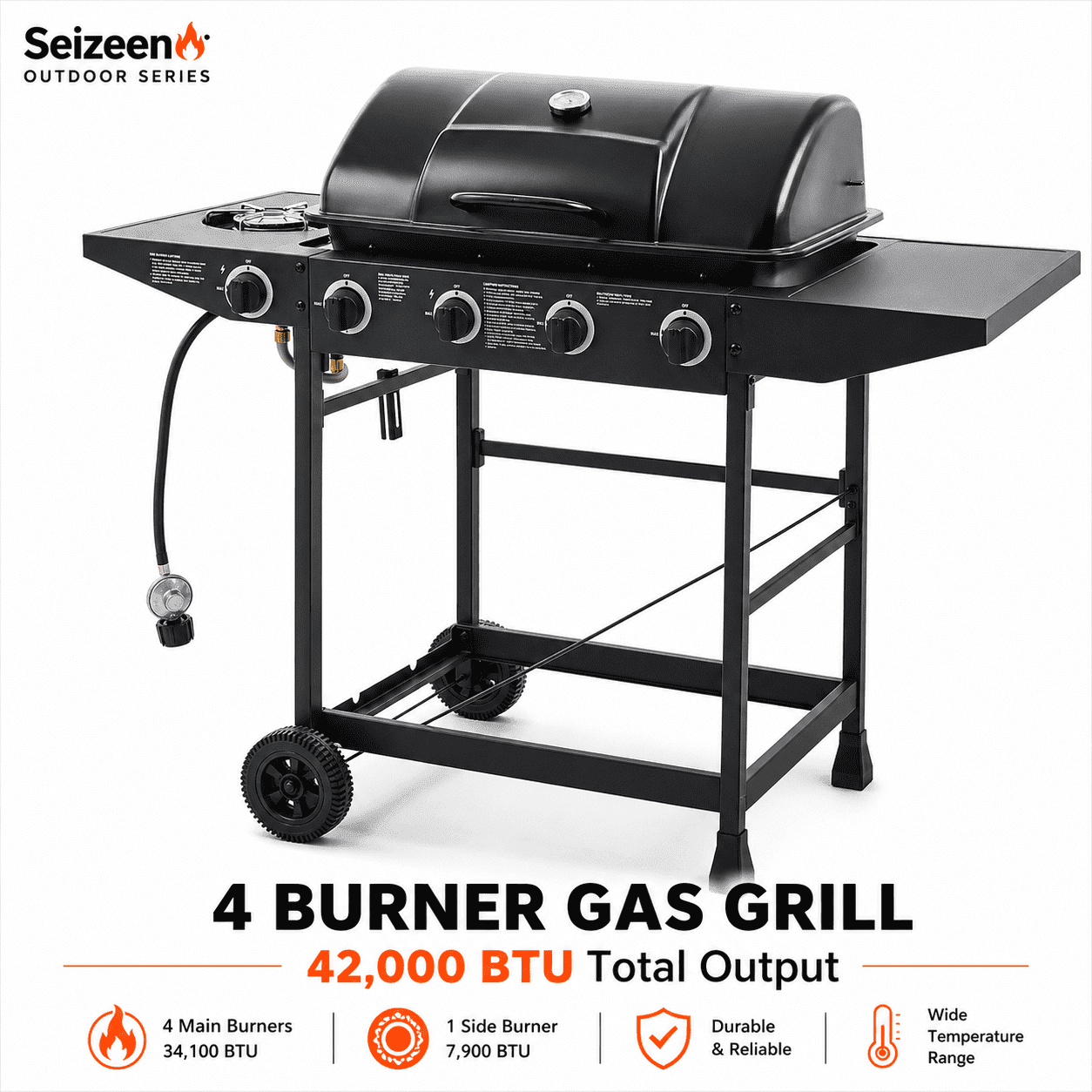 4 Burner Propane Gas Grill with Side Burner, 42000 BTU Stainless Steel BBQ Grill with Cast Iron Grates, 534 Sq In Cooking Area, Outdoor Barbecue Grill with Side Tables for Patio Backyard Cooking