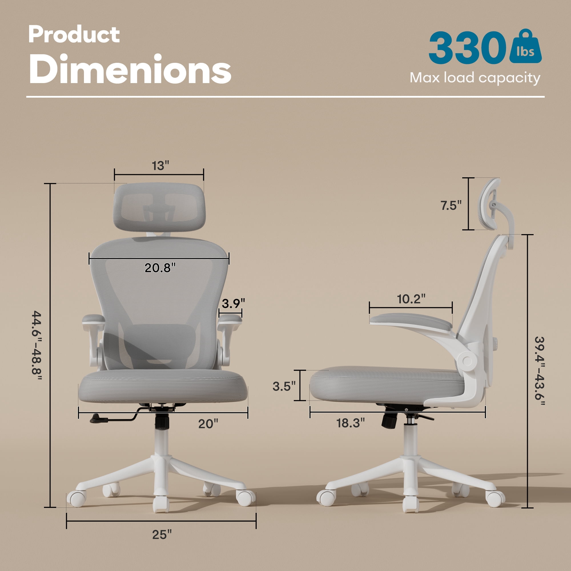 iooHug Ergonomic Mesh Office Chair with Adjustable Lumbar Support, Computer Desk Chair with Headrest, Flip-Up Arms, White Gray