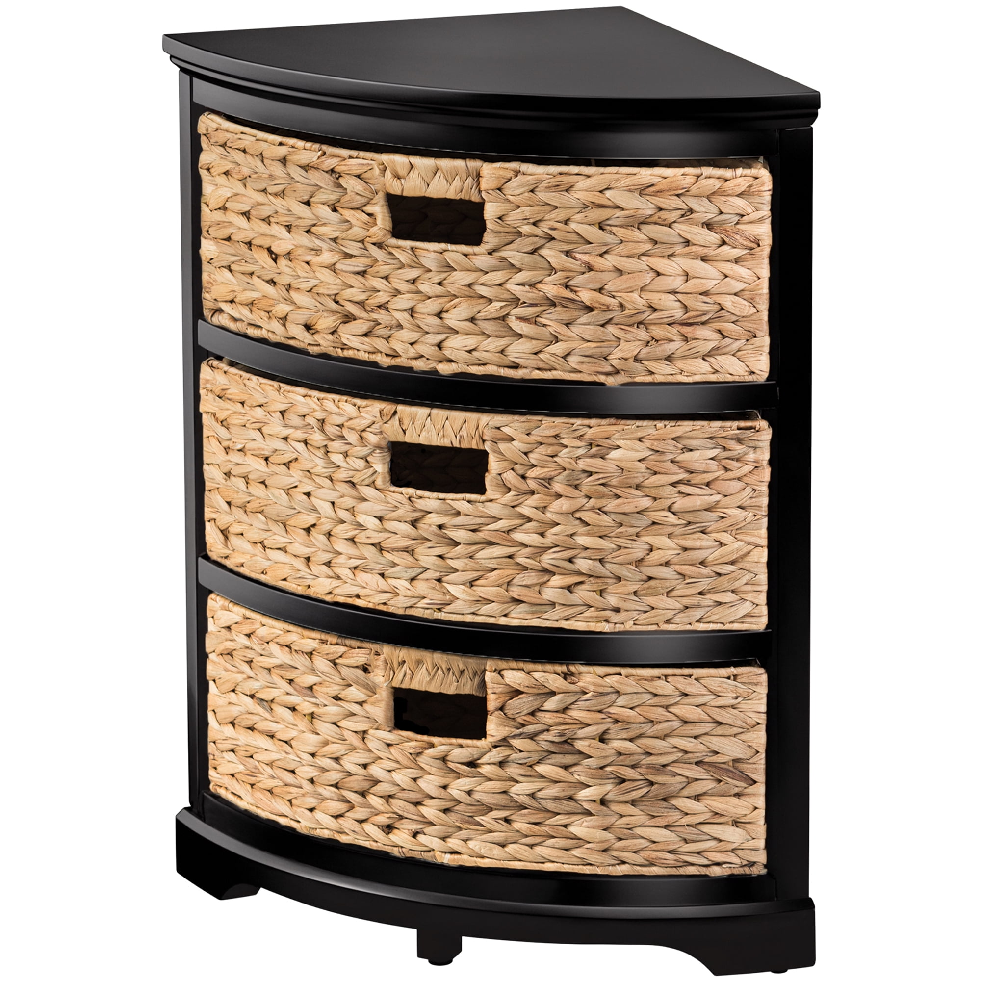 Hampton Meadows 3 Tier X-Side Corner Table Storage Cabinet with 3 Natural Water Hyacinth Wicker Baskets for Living Room, Black