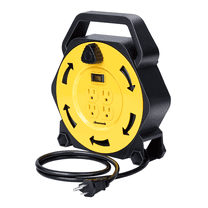 DEWENWILS Extension Cord Reel with 25 FT Power Cord, for Christmas and New Year Hand Wind Retractable, 16/3 AWG SJTW, 4 Grounded Outlets, 13 Amp Circuit Breaker, Yellow, Black, UL Listed