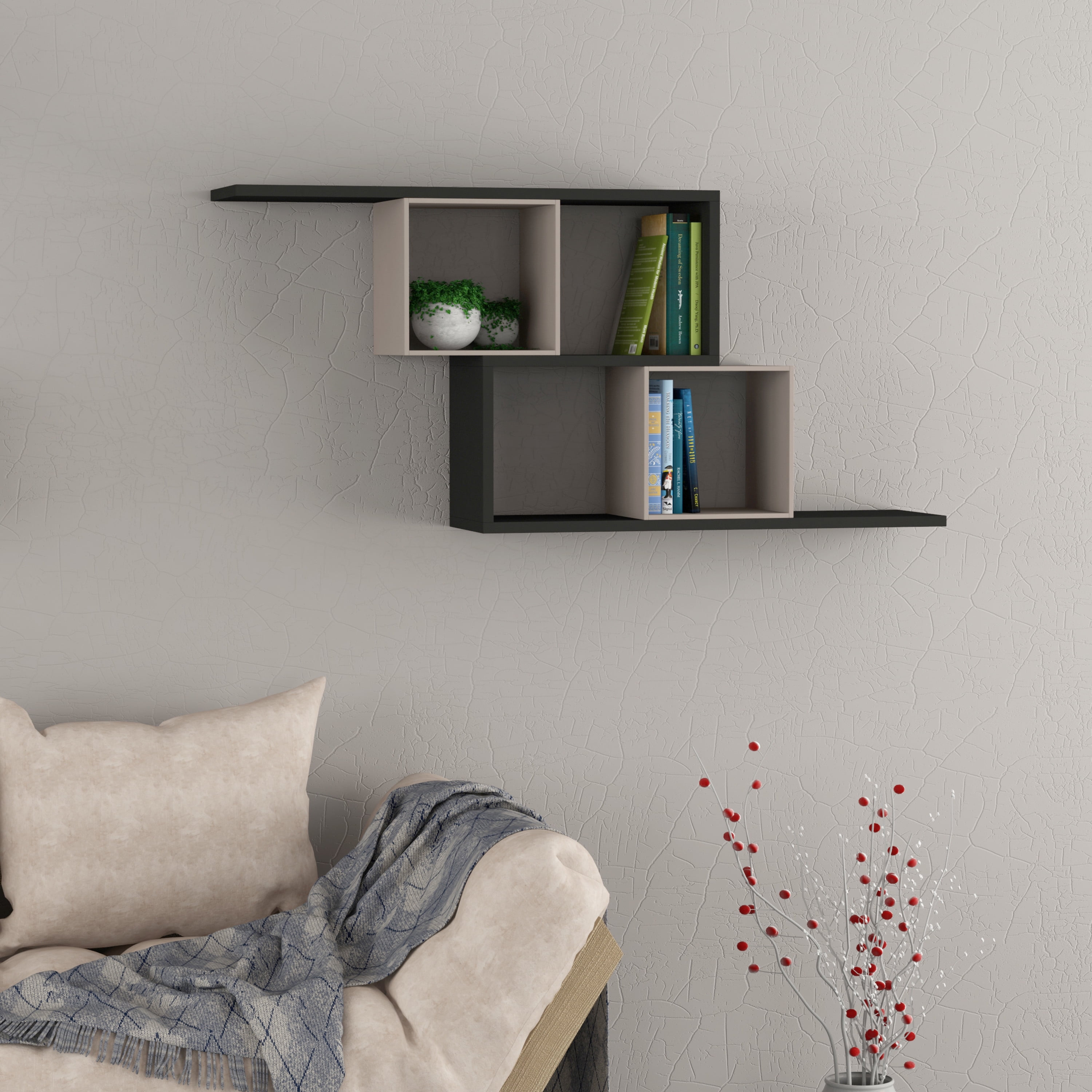 Ada Home Decor Furniture 49.21" 2 Tier Anthracite Walost Modern Wall Shelf