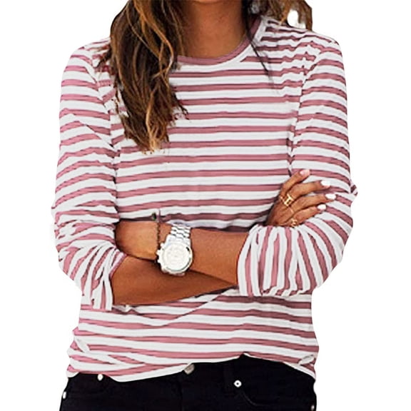 YUGYXL Womens Fall Tops Casual Long Sleeve Striped Print Shirt Color Block Fashion Crewneck Tee Blouses Pink XXXXL