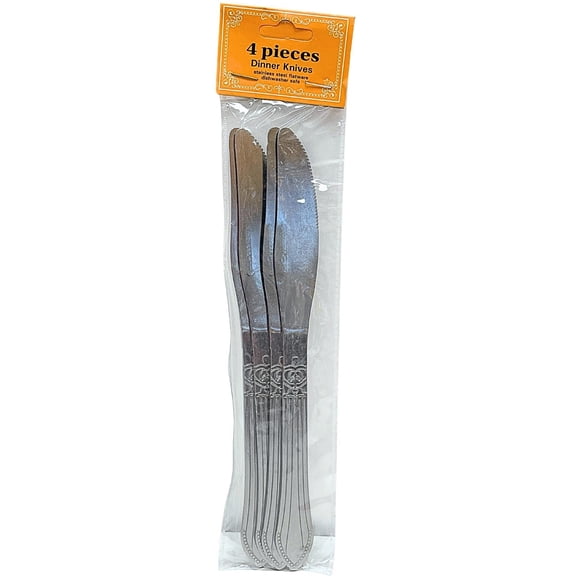4 Pack Stainless Steel Dinner Knife Set with Serrated Edges, Beaded Floral Handles, Polished Finish and Dishwasher-Safe Design, Silver