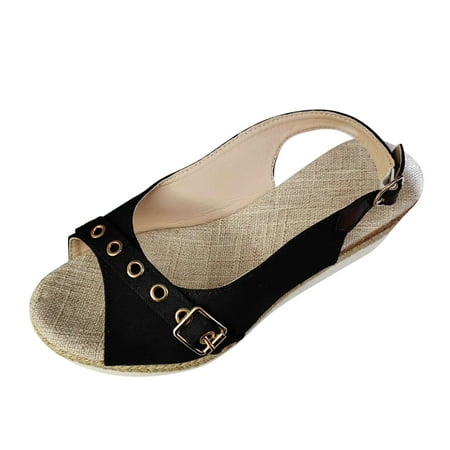 

QYZEU Women s Sandals Clearance Fashion Solid Color Open Toe Belt Buckle Decorative Thick Sole Slope Heel Sandals Causal Breathable Lightweight Sandals Black 40