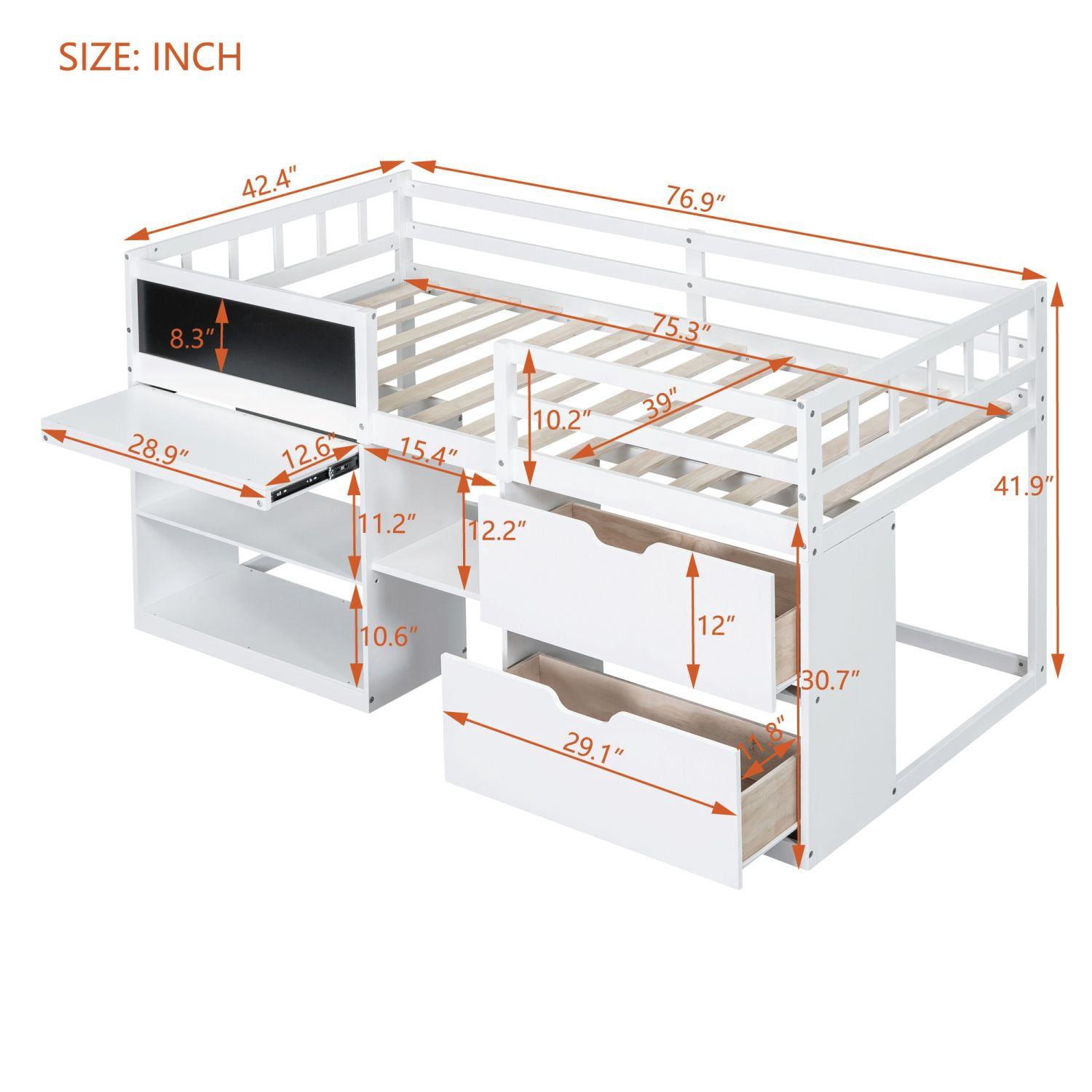Asteroutdoor Twin Size Low Loft Bed with Rolling Desk, Shelf and Drawers - White