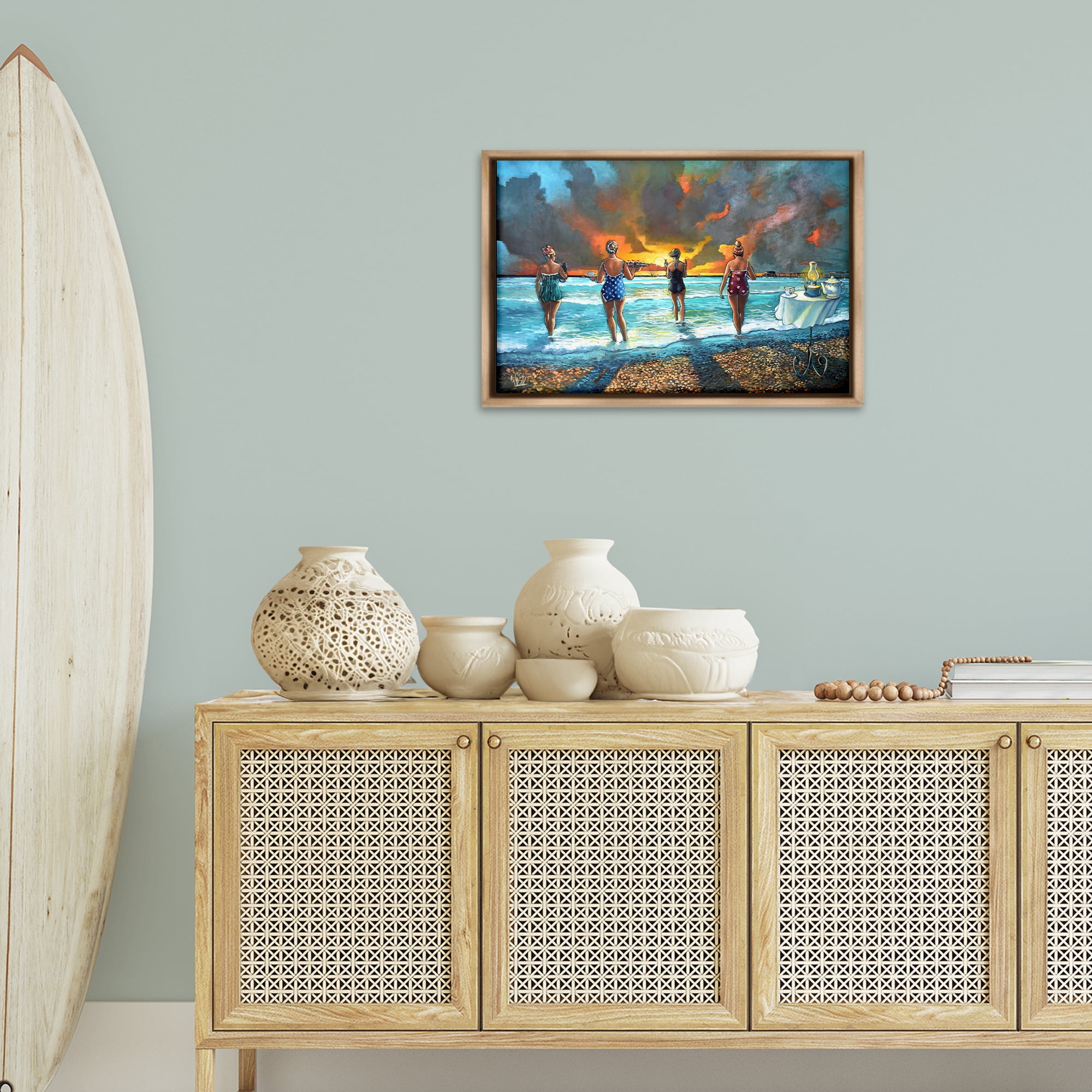 Stupell Industries Elegant Ladies on Beach Novelty Painting Brown Floater Framed Canvas Art Print Wall Art, 25 x 17