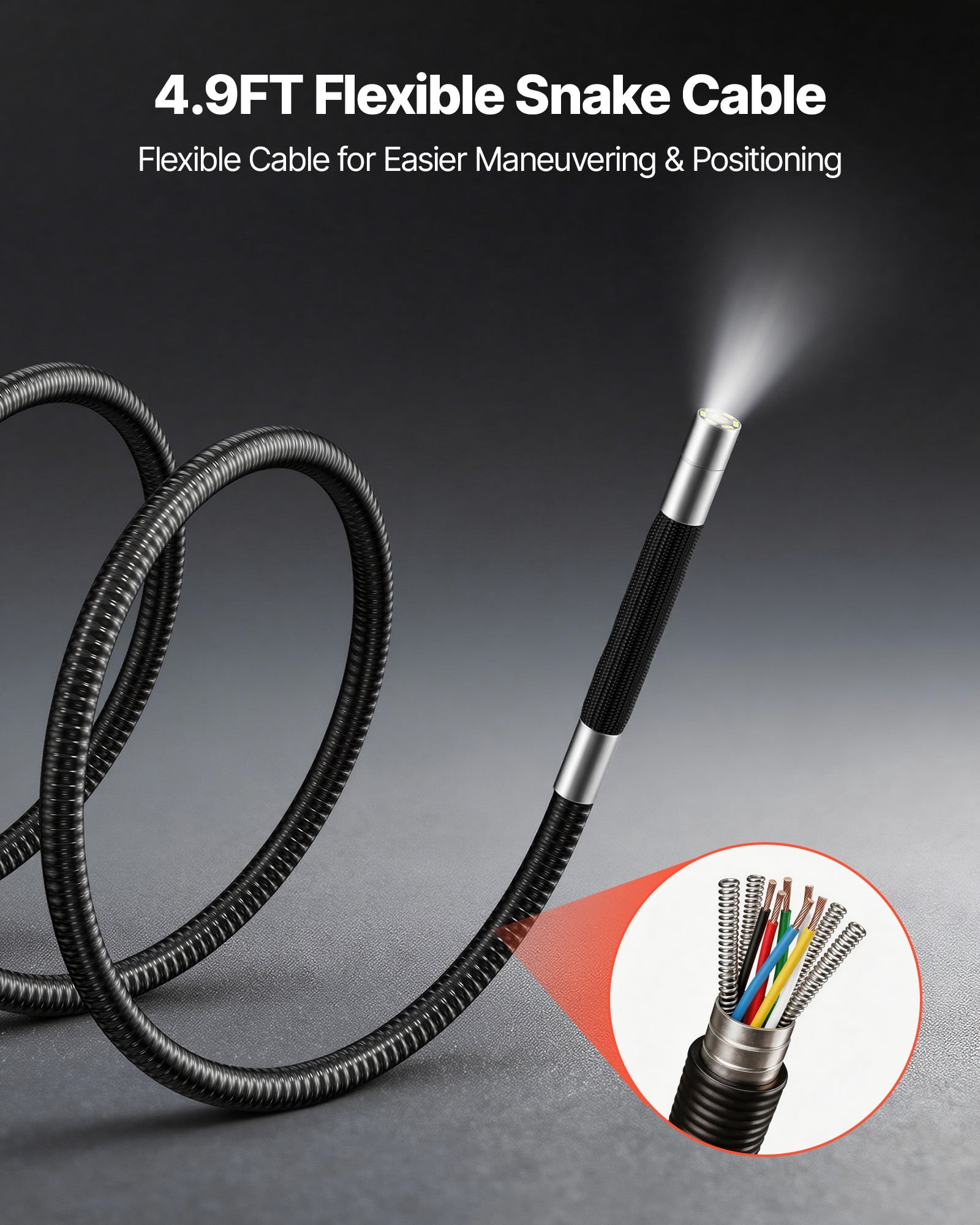 VEVOR 4-Way Articulating Endoscope with Light, True 1080P HD Industrial Borescope Inspection Camera with Articulated Probe, Flexible Snake Scope Cam for Wall Automotive Engine Inspect-4.9FT