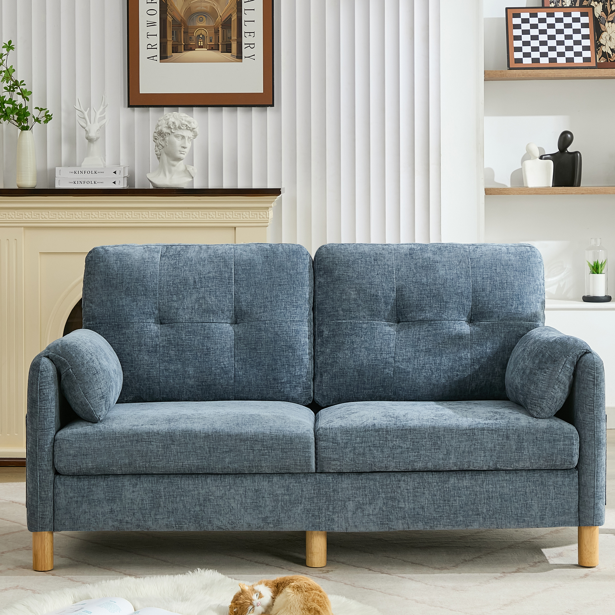 65" Chenille Loveseat Sofa, Modern 2-Seater with Armrest Pillows & Side Storage Pockets, Tufted Upholstered Loveseat for Living Room or Bedroom, Blue