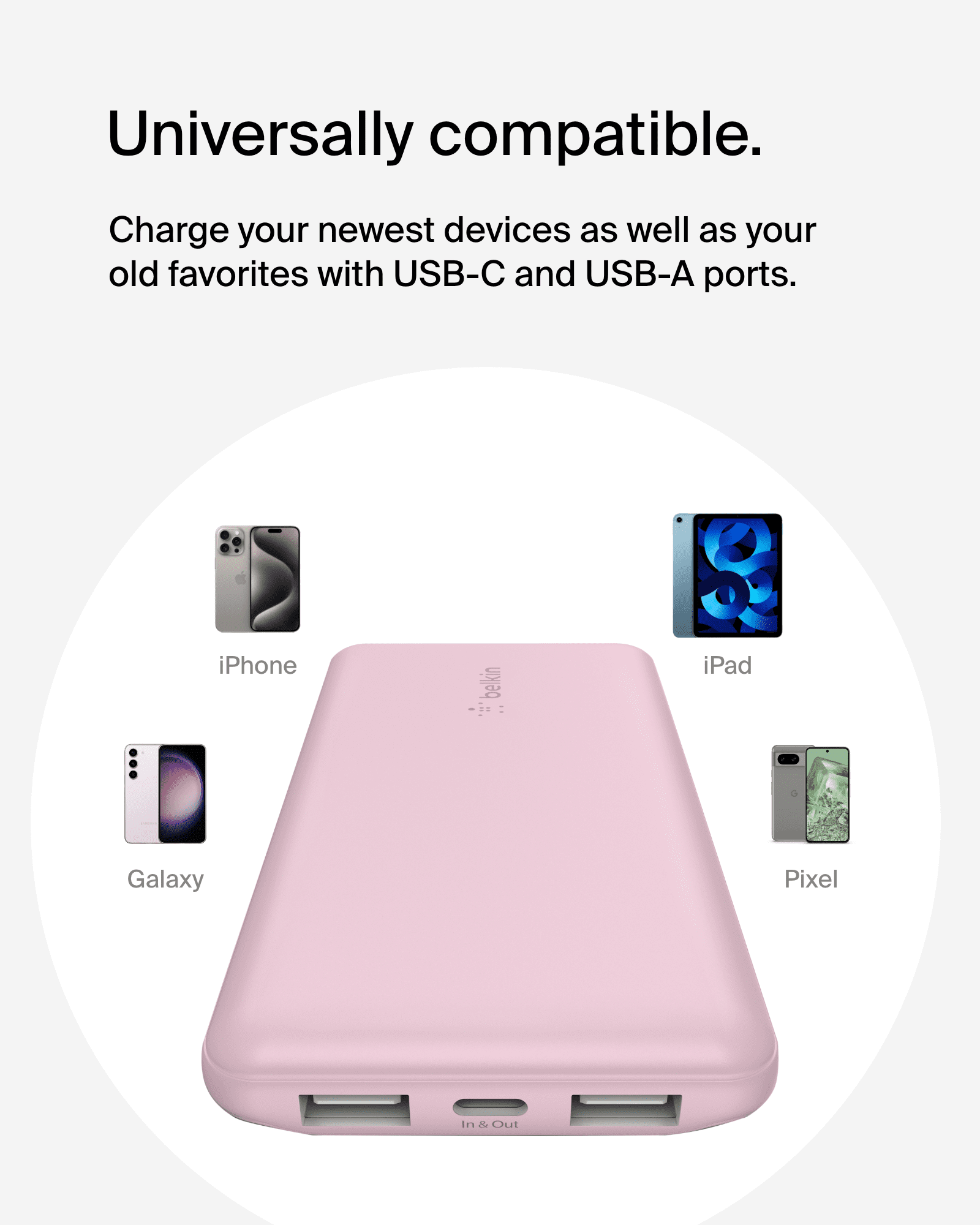 Belkin Portable Charger, USB-C Power Bank 10,000mAh w/ 1xUSB-C and 2xUSB-A Ports, 15Watt w/ Type-C to Type-A Cable for iPhone 16, 16e, Samsung Galaxy S25, Nintendo Switch 2 & More - Pink