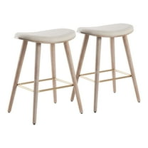 Saddle 26" Contemporary Counter Stool In White Washed Wood And Cream Fabric With Gold Metal - Set Of 2
