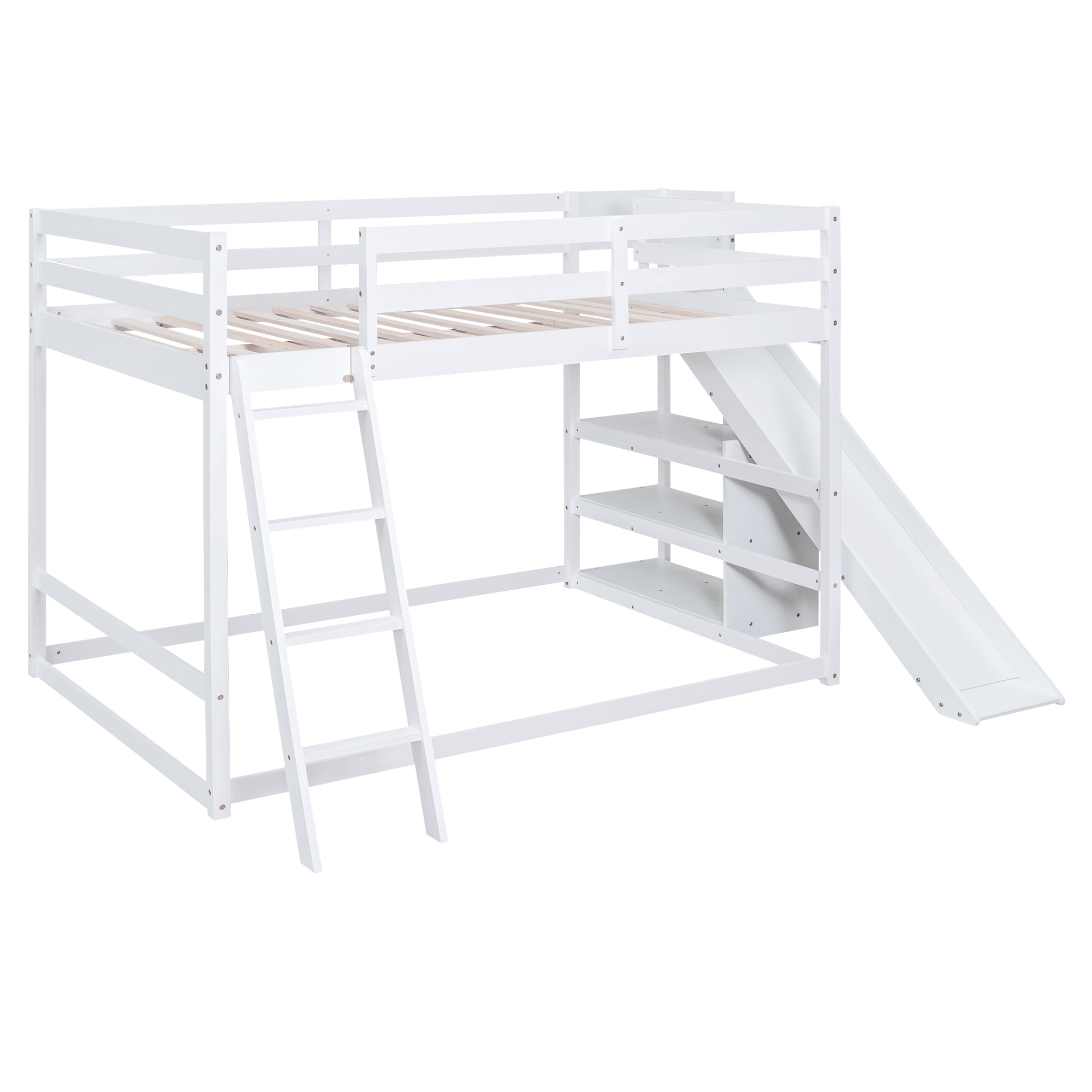 Euroco Wood Full over Full Bunk Bed with Slide and Ladder, 3-Tier Shelf for Kids Teens Bedroom, White