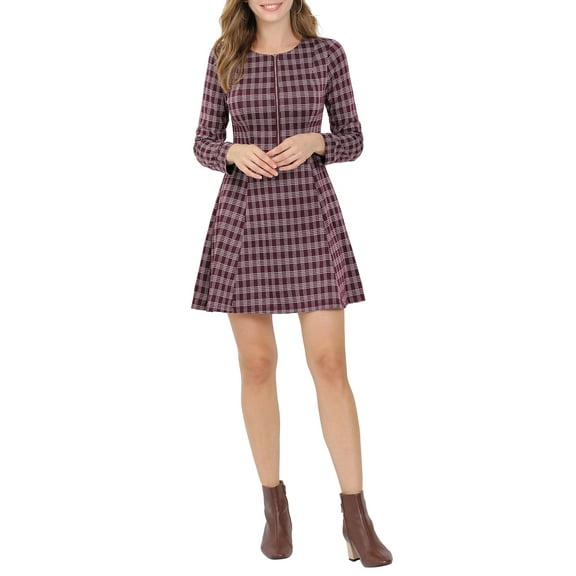 Allegra K Junior's Plaid Zip Front Long Sleeve A-Line Mini Dress