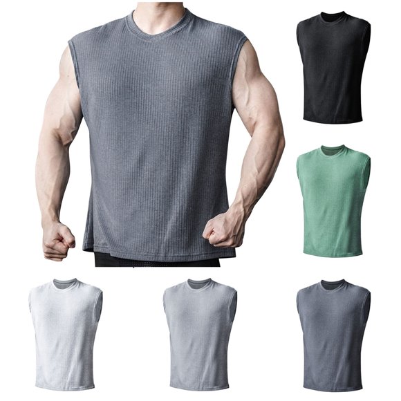 Qertyioot Men's Leisure Sport Lightweight Fitness Knit Sleeveless Shirt Threaded Strip High Stretch Crew-neck Tank Top