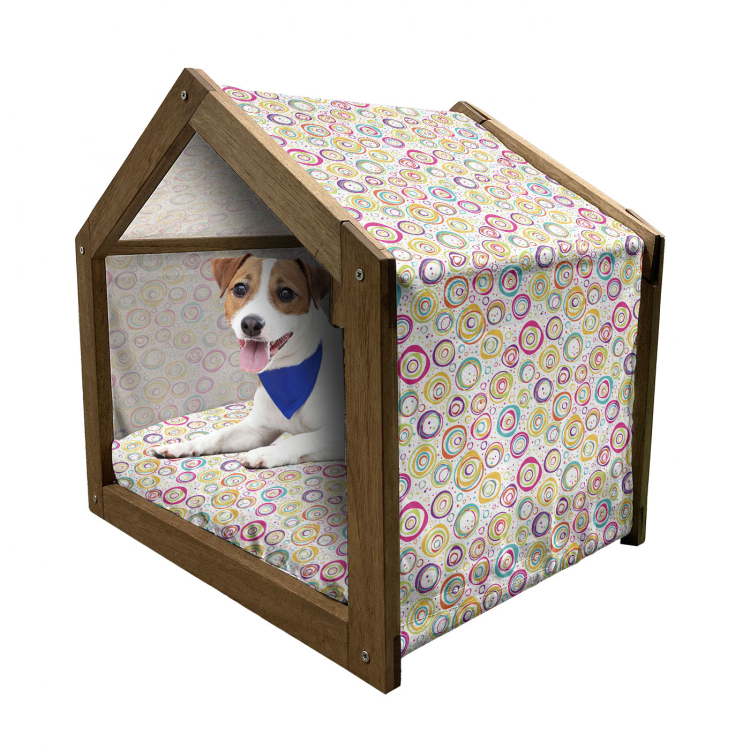 Floral Patterned Wooden Dog House with Canopy and Pillow