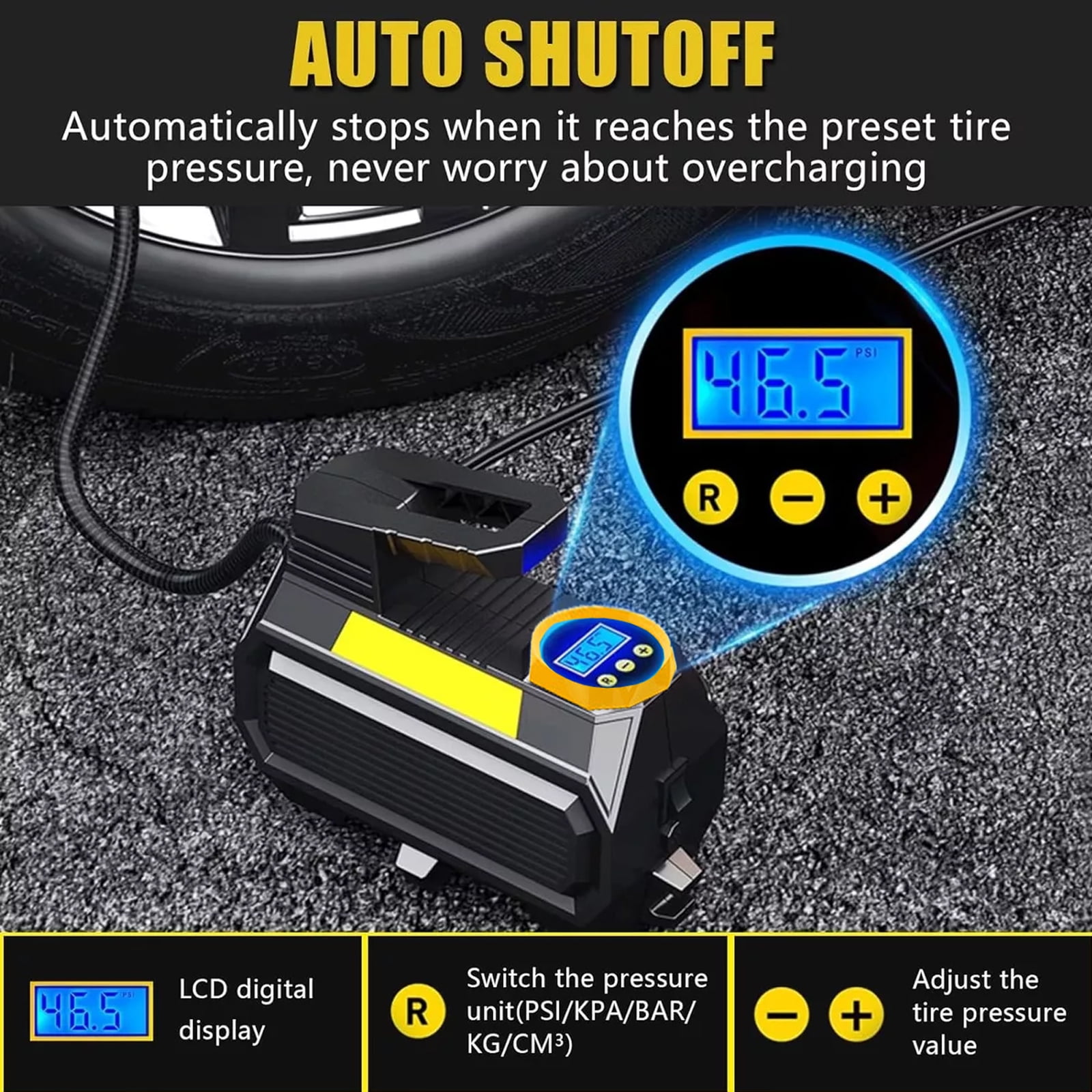 HJDWQN 12V Air Compressor Tire Inflator with Flash-Light - Black