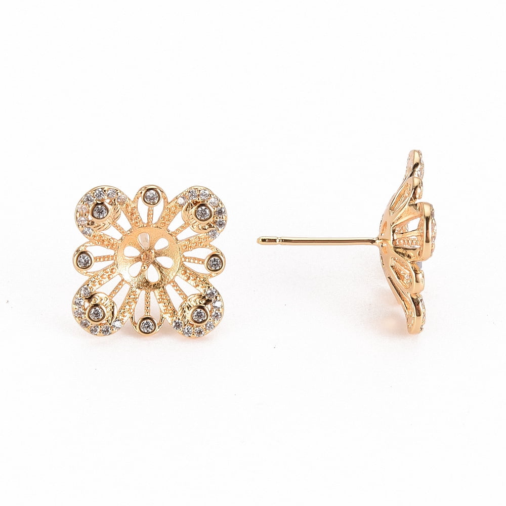 20pcs Brass Micro Pave Clear Cubic Zirconia Stud Earring Findings for Half Drilled Bead Nickel Free Flower golden 14.5x14.5mm Pin: 0.7mm Pin: 0.8mm(for Half Drilled Bead)