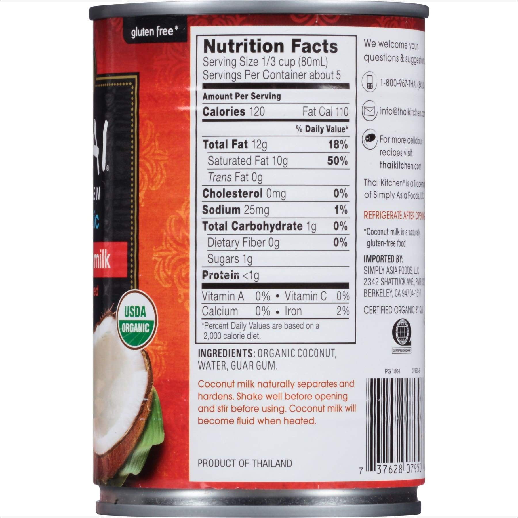 Thai kitchen coconut milk nutrition label