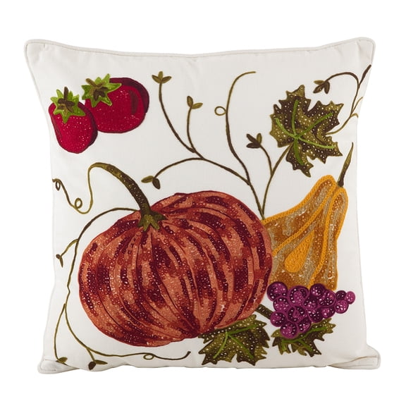 Fennco Styles Pumpkin Embroidered Decorative Cotton Throw Pillow (18" Square Pillow)