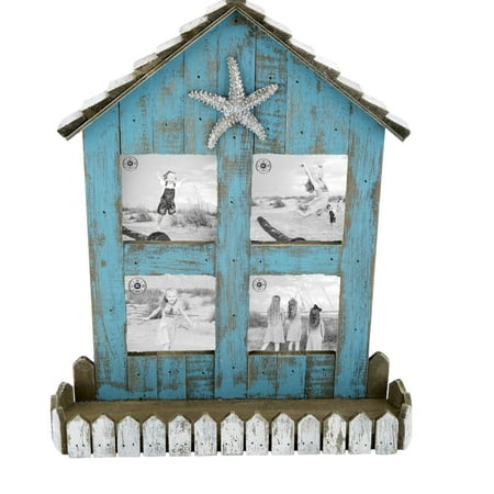 Wood Teal House Shape Photo Collage Frame Starfish Nautical Beach Decor