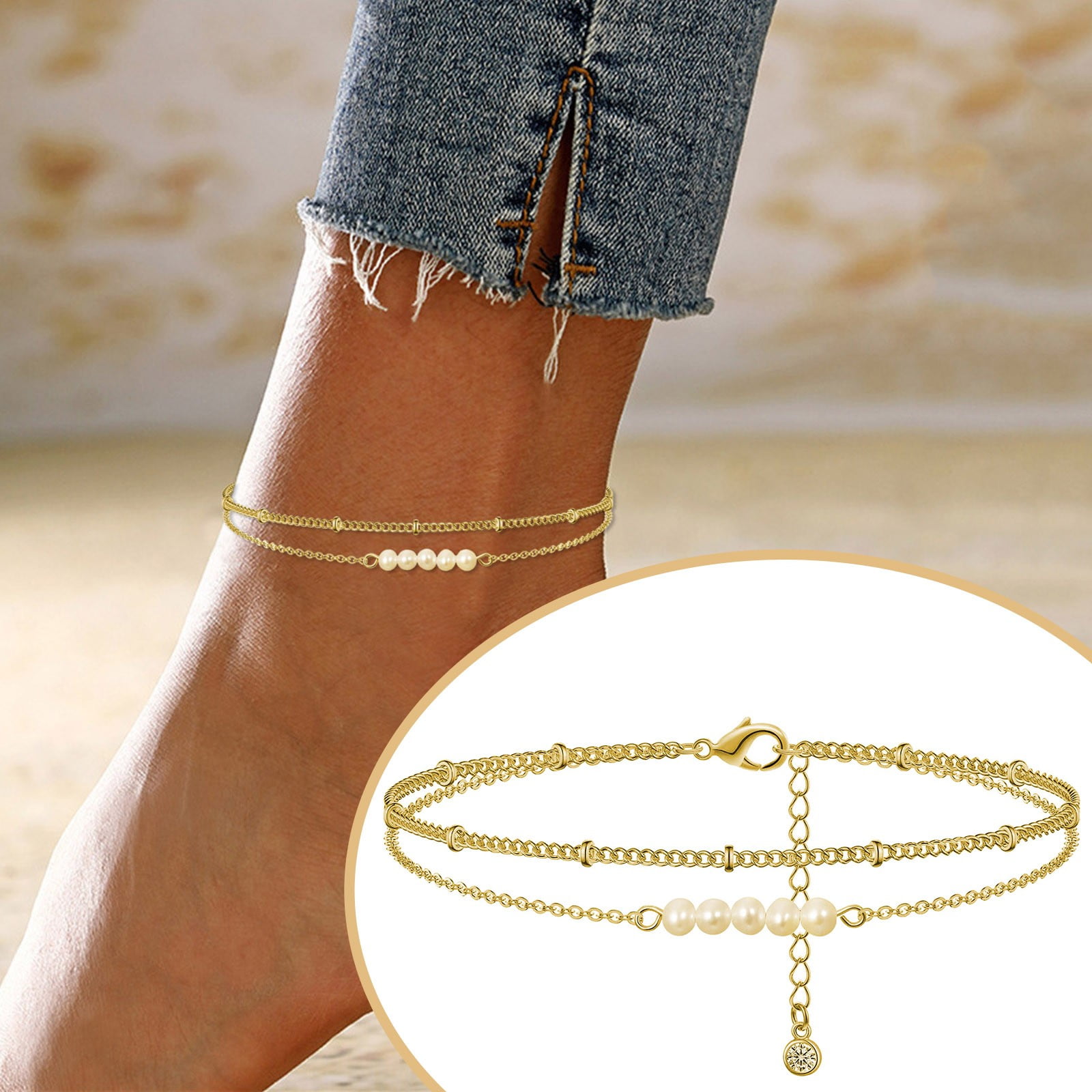 keusn boho double layer gold anklets for women pearl beads pendant foot  chains beach bracelet anklets ankle bracelet h | Fußkettchen