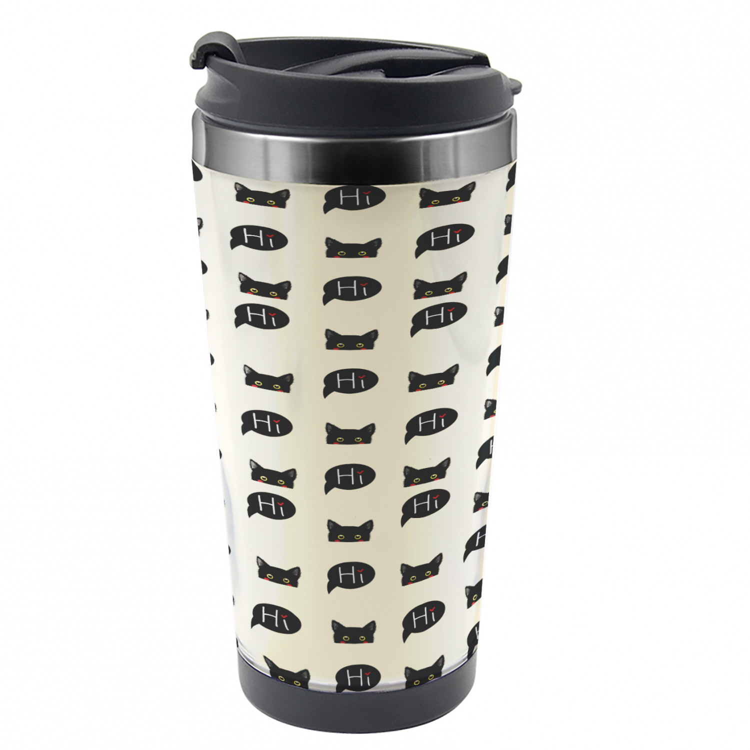 Cat Travel Mug, Black Kitties Saying Hi, Steel Thermal Cup, 16 oz, by