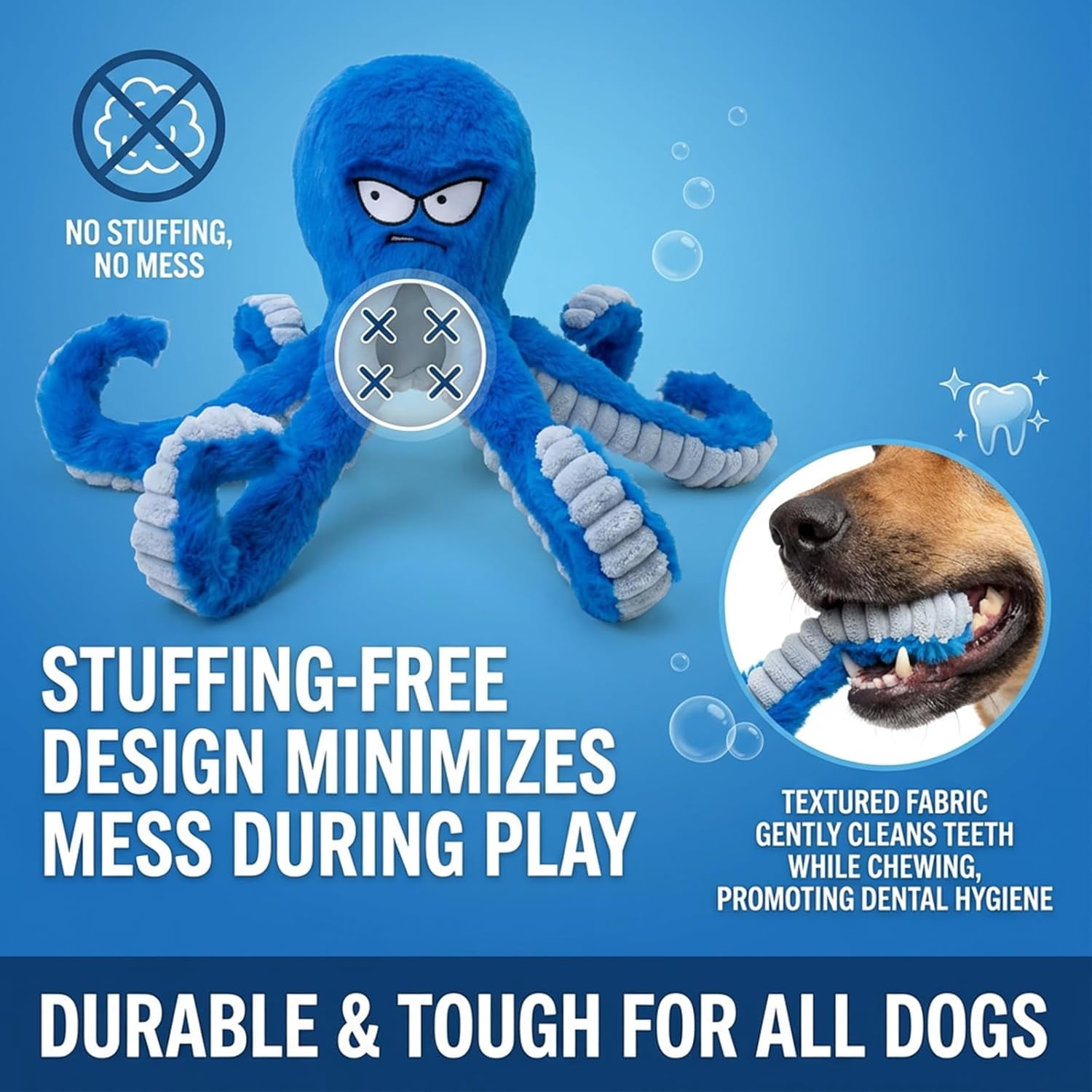 Octopus Dog Toy,Angry Octopus Dog Toy,Tough Dog Toys,Squeaky Plush with Long Tentacles, Chew Toys for Small and Large Dogs Crinkle Blue Octopus (Blue+Yellow)