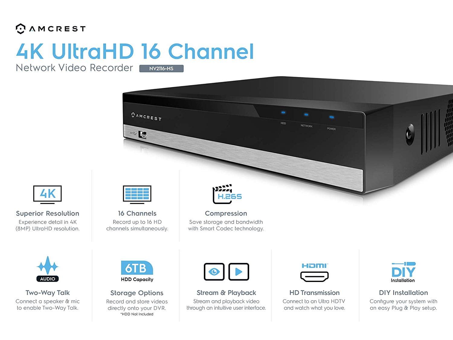 Amcrest NV5216 16CH Channel 4K HDMI Network Video Recorder NVR IP Camera No HDD