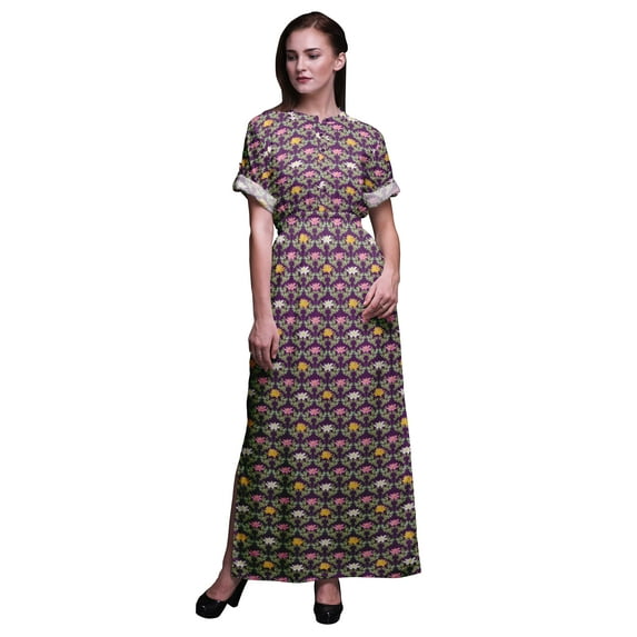 Bimba Rayon Quarterfoil & Water Lily Floral Smocked Waist Printed Gown Maxi Side Slit Ladies Dress-XX-Large