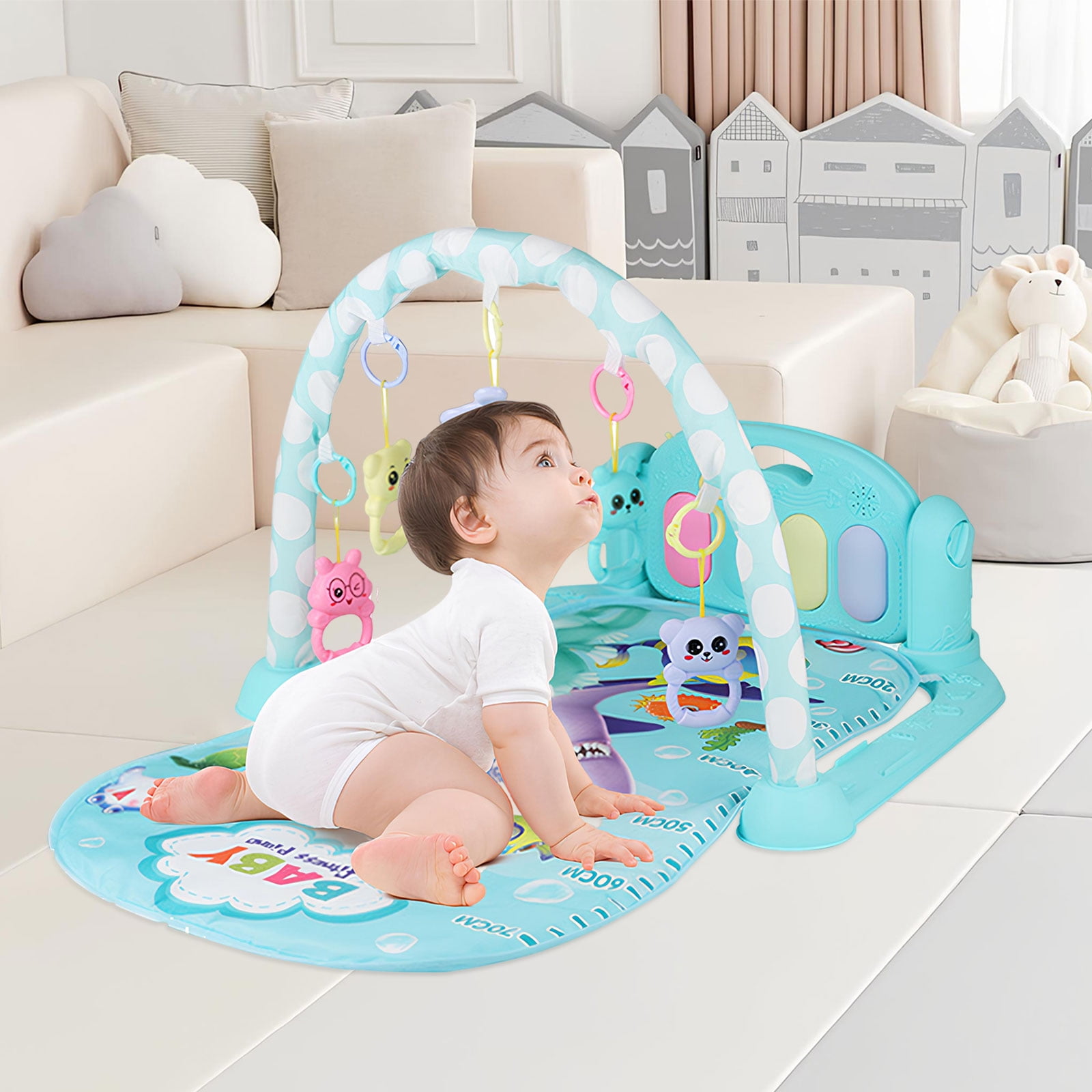 Baby Gym Play Mat 3 in 1 Fitness Music and Lights Fun Piano Activity Mat Infant Newborn Toys(Blue)